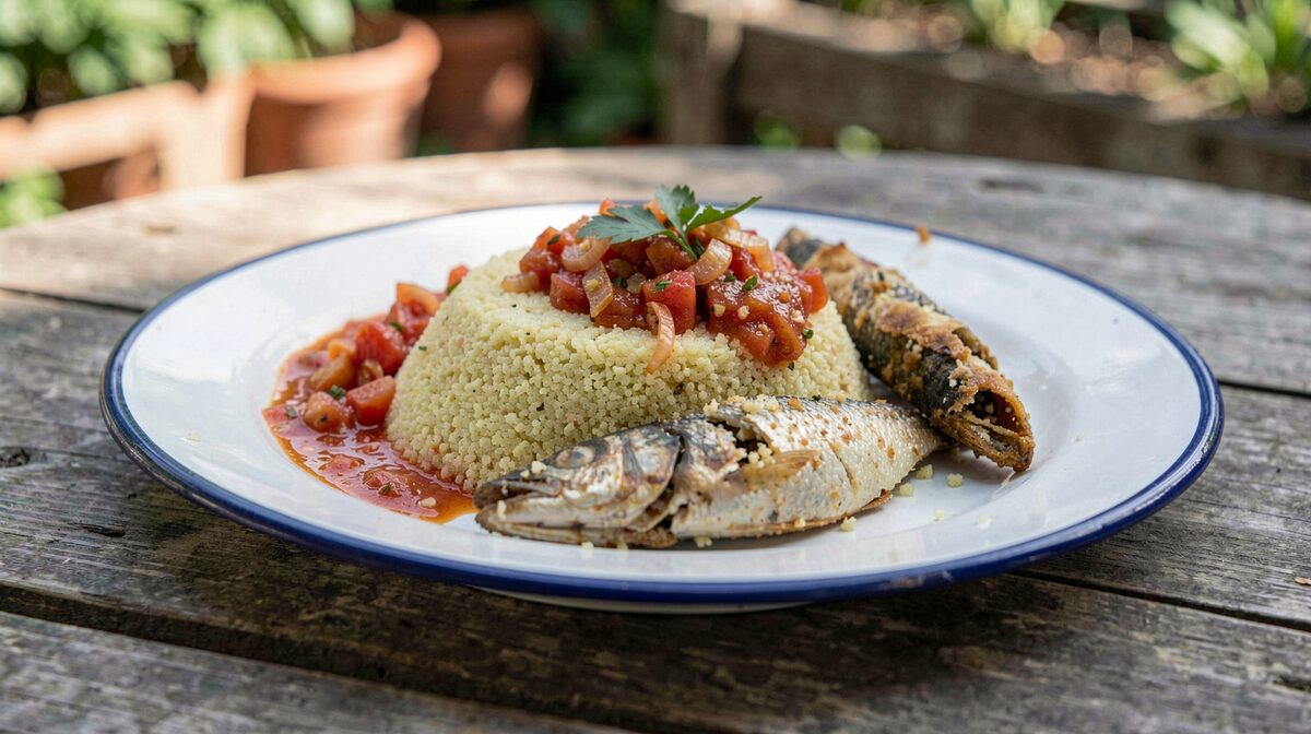 Assiette émaillée posée sur une table extérieure en bois, semoule de manioc blanc cassé au grain fin, poisson frit doré, sauce tomate-oignon rouge, lumière naturelle de midi