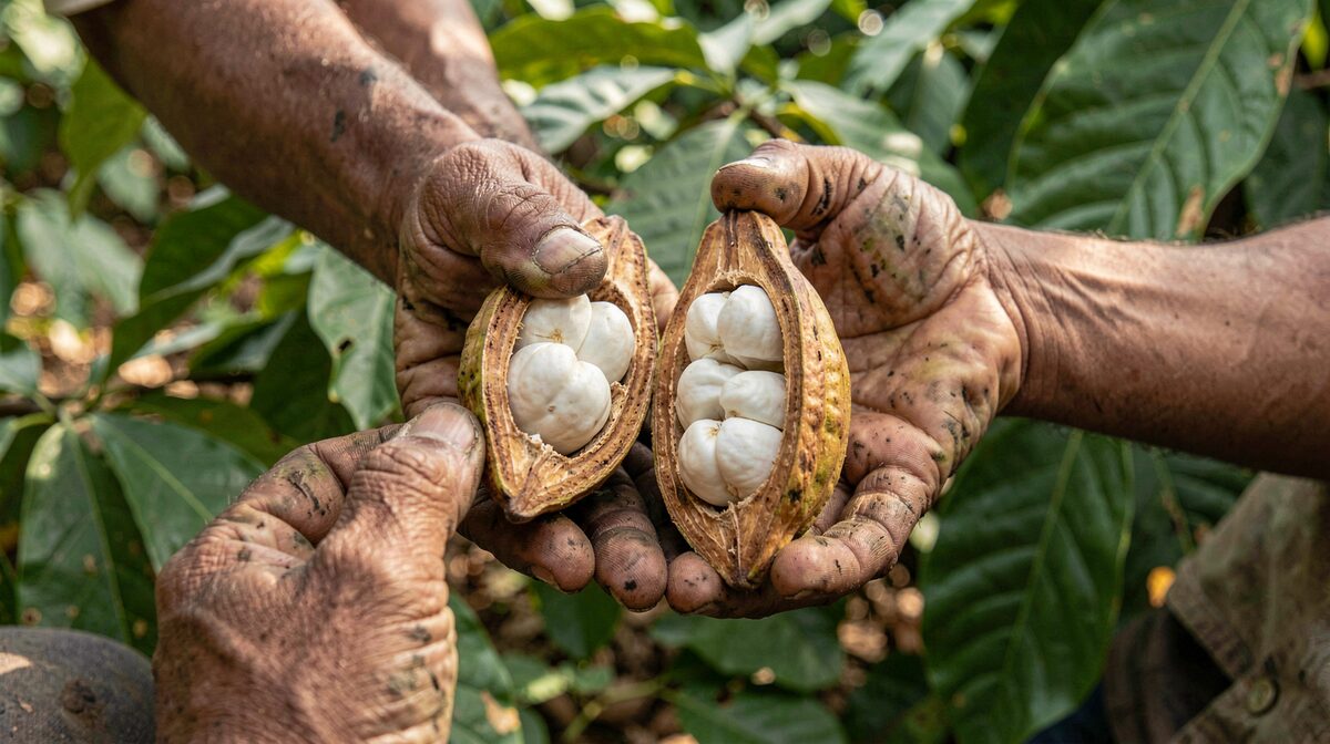 Deux mains de cultivateur, tannées et poussiéreuses, tiennent une cabosse de cacao ouverte montrant ses fèves blanches en pulpe, feuillage vert du cacaoyer, lumière filtrant sous la canopée