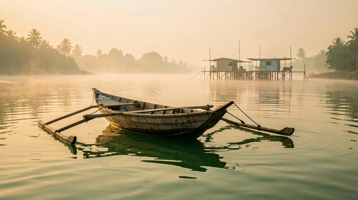 Pirogue à balancier immobile sur la lagune Ébrié au petit matin, silhouette de passerelle et brume légère au-dessus de l’eau, tons verts d’eau et lumière dorée
