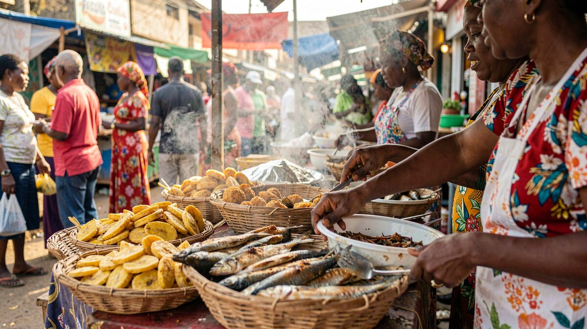 Étal de street food ivoirien, bananes plantains dorées frites et poisson grillé servis depuis des paniers tressés, vapeur qui monte, mains de la vendeuse qui sert