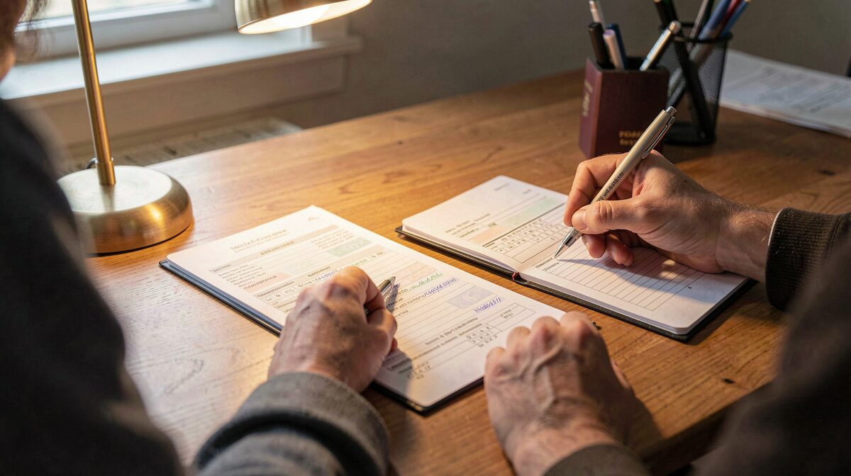 Deux personnes assises face à face à une table en bois, chacune remplit un formulaire administratif au stylo, une lampe de bureau dorée éclaire la scène depuis la gauche
